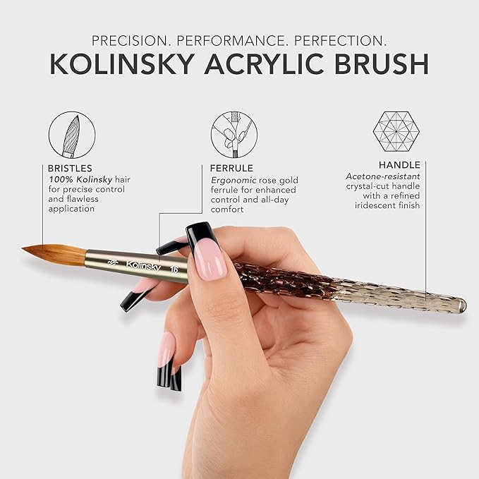 Kiara Sky Kolinsky Acrylic Nail Brush #8 – Pure Kolinsky Sable Hair, Black Crystal Handle, Acetone Resistant, for Acrylic Application, Extensions & 3D Nail Art