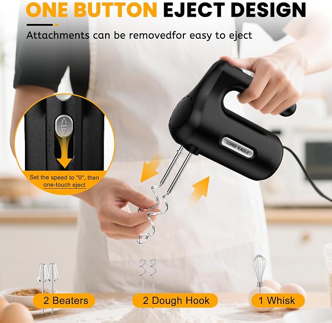 Lord Eagle 5-Speed Hand Mixer Electric With 4 Stainless Steel Mixing Bowls Set, 300W Lightweight Kitchen Handheld Mixer with Measuring Cups & Spoons, Baking Supplies for Cake, Black