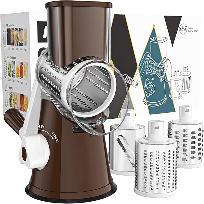 Cambom Rotary Cheese Grater Hand Crank Cheese Shredder for Fresh Cheese, Vegetable, Nuts,Non-slip Suction Base, Three Blades, Coffe Color