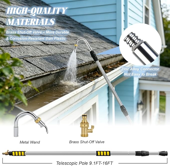 24FT Reach Gutter Cleaning Tools from Ground, 16FT Telescoping Rain Gutter Cleaner with 360° Rotating Metal Nozzle, Brass Shut-Off Valve, Leak-Proof Hose Attachment for Garden Hose