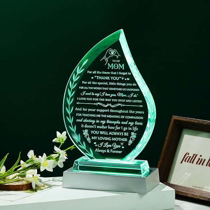 Birthday Gifts for Mom from Daughter Son Glass Plaque, To My Mom who has Everything Unique Gifts with Colorful Led Base, Present for Mom on Thanksgiving Christmas Mothers Day