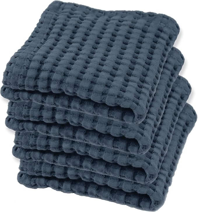 GILDEN TREE Waffle Bath Towels Wash Cloths for Showering, Exfoliating Washcloth Quick Dry Towel, Face Towels for Washing Face Cotton Washcloths Set of 4, Modern Style (Midnight Blue)