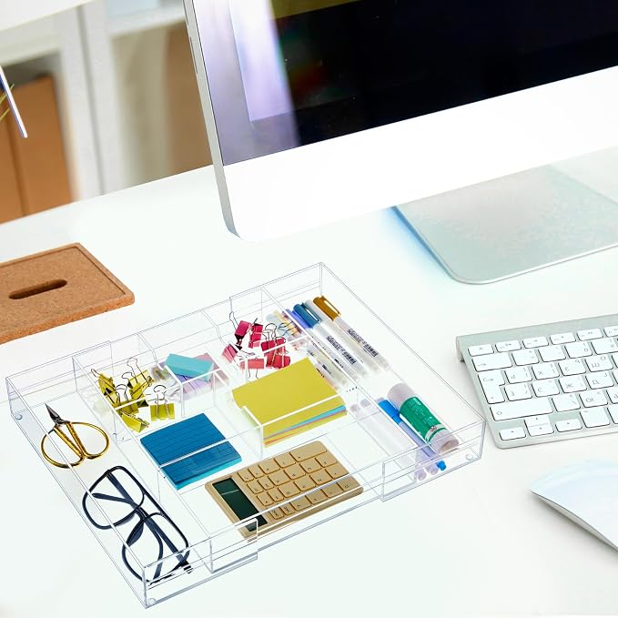 Briwooody 1 Pcs Acrylic Desk Drawer Organizer 9'' up to 18'' x 12'' x 2.1'' Expandable Drawer Organizer Trays with 8 Adjustable Compartments Clear Desk Accessories for Makeup Office Bathroom