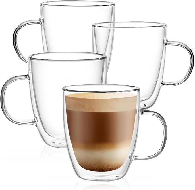 CNGLASS Glass Coffee Mugs 12oz,Double Walled Insulated Cappuccino Mug with Handle,Clear Espresso Cups for Cappuccino,Latte,Tea Bags,Hot and Cold Beverages,Set of 4