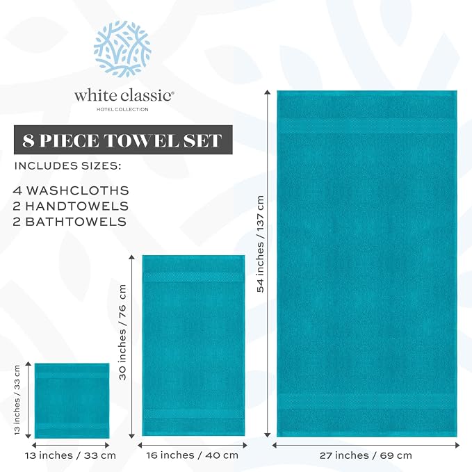 White Classic Luxury Bath Towel Set of 8 Pieces - 100% Turkish Cotton Highly Absorbent Towels for Bathroom, 2 Luxury Bath Towels 700GSM, 2 Hand Towels, 4 Washcloths, Aqua