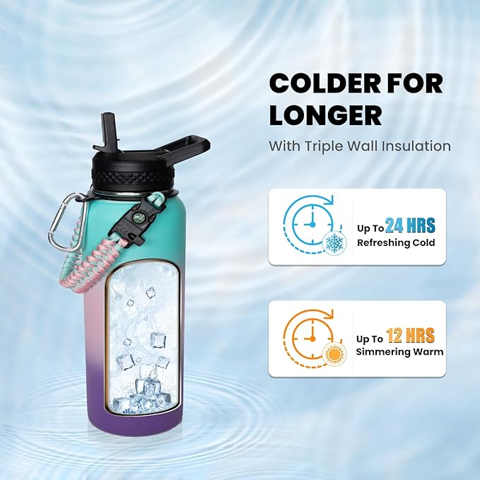 RAYMYLO Insulated Water Bottle 32 oz, Triple Wall Vacuum Stainless Steel (Cold for 24Hrs, Hot for 12Hrs), Leak Proof & Non-BPA, Modern Water Flask Jug with Paracord Handle & Straw Spout Lids