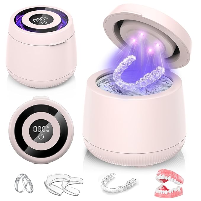 Ultrasonic Retainer Cleaner Machine, Dynamic 42-48kHz Dental Cleaning Pod with Digital Timer, 200ml Mouth Guard Cleaner Pod for Aligners, Night Guards, Dental Trays, Braces & Toothbrushes (Pink)
