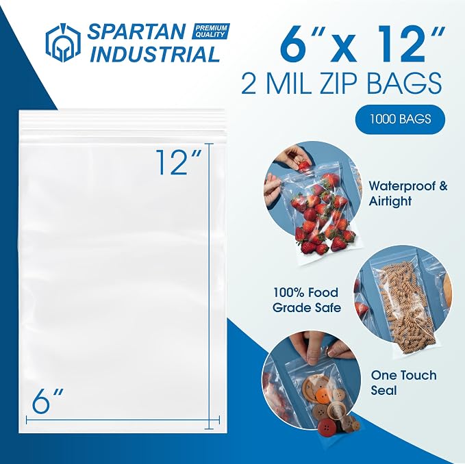 Spartan Industrial - 6” X 12” (1000 Count) 2 Mil Clear Reclosable Zip Plastic Poly Bags with Resealable Lock Seal Zipper