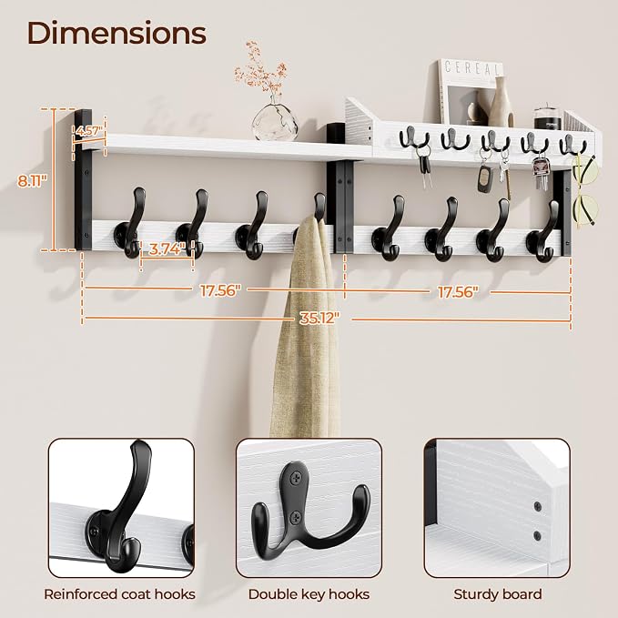 Evermagin 35" Coat Rack Wall Mount with Shelf, 4 in 1 Coat and Key Hanger with 13 Metal Hooks, Entryway Wall Mounted Shelf with Mail Holder for Living Room, Bedroom, White
