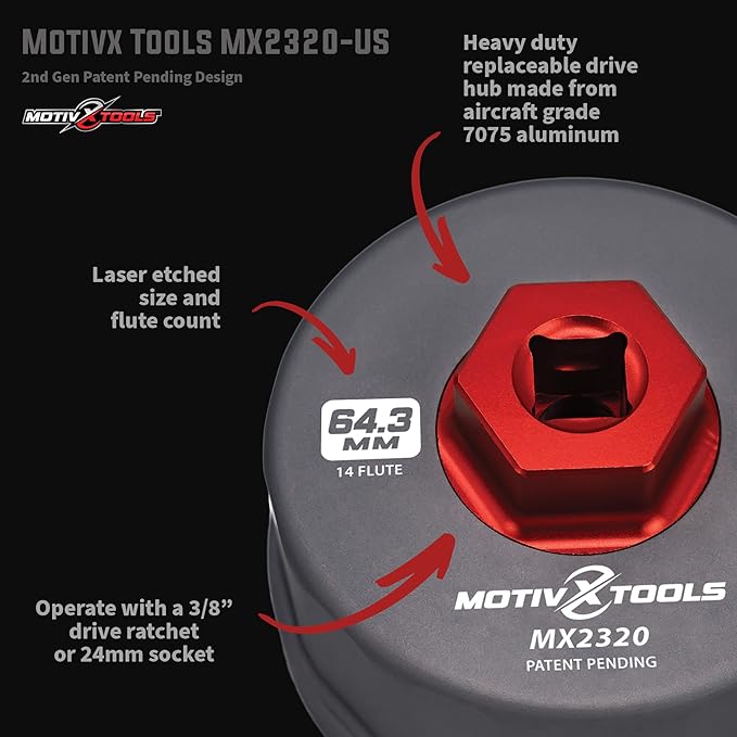 Motivx Tools Oil Filter Wrench for Toyota Camry, Tundra, Tacoma, 4Runner, RAV4 and More - 64mm 14 Flute Precision CNC Machined Aluminum Oil Filter Removal Tool