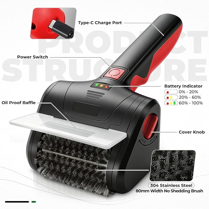 Auto Dynasty Cordless Electric Grill Brush, 304 Stainless Steel BBQ Brush with Rotating Scrub Head, Rechargeable, Type-C Fast Charging for Gas/Charcoal/Outdoor Grill, Red/Black