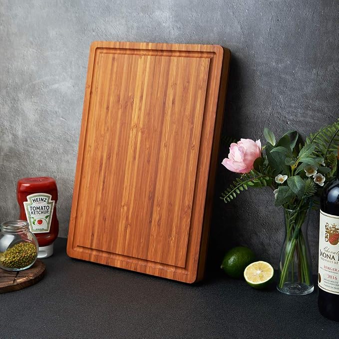 Allsum Bamboo Wood Cutting Board for Kitchen, 1" Thick Butcher Block, Cheese Charcuterie Board, with Side Handles and Juice Grooves, 16x11"