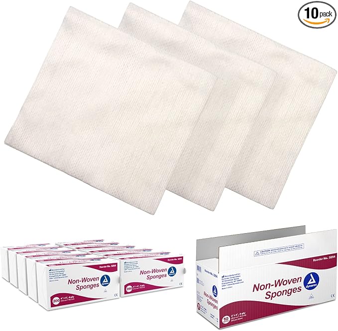 Dynarex Non-Woven Sponges, Non-Sterile, Gauze Sponges, Highly-Absorbent and with Less Linting, 4"x 4", 4 Ply, 1 Case of 2000 (10 Boxes of 200) [Packaging May Vary]