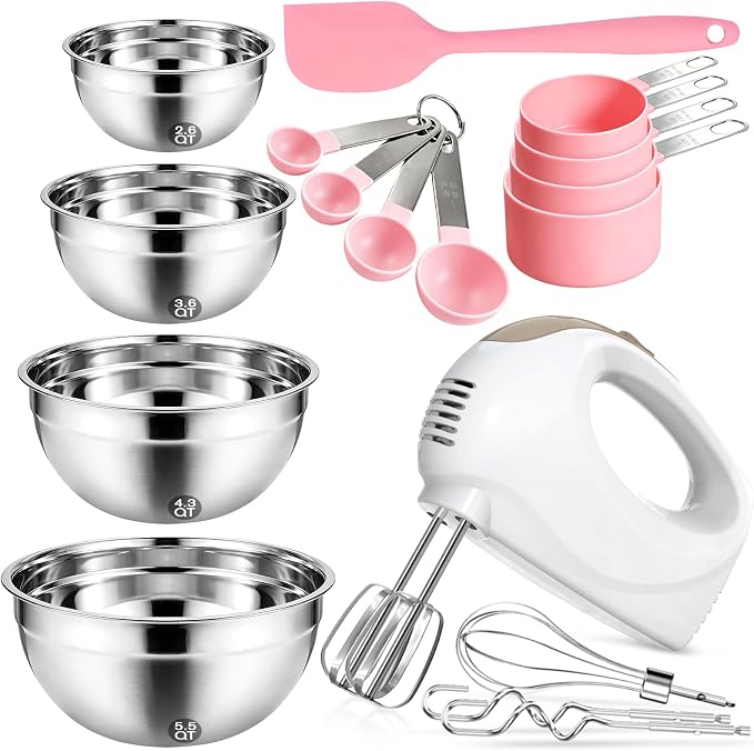 Hand Mixer Electric with 4 Stainless Steel Mixing Bowls, Measuring Cups & Spoons, Silicone Spatula, 5-Speed Handheld Electric Mixer for Baking Cake, Cookies, Whipping Cream