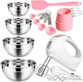 Hand Mixer Electric with 4 Stainless Steel Mixing Bowls, Measuring Cups & Spoons, Silicone Spatula, 5-Speed Handheld Electric Mixer for Baking Cake, Cookies, Whipping Cream