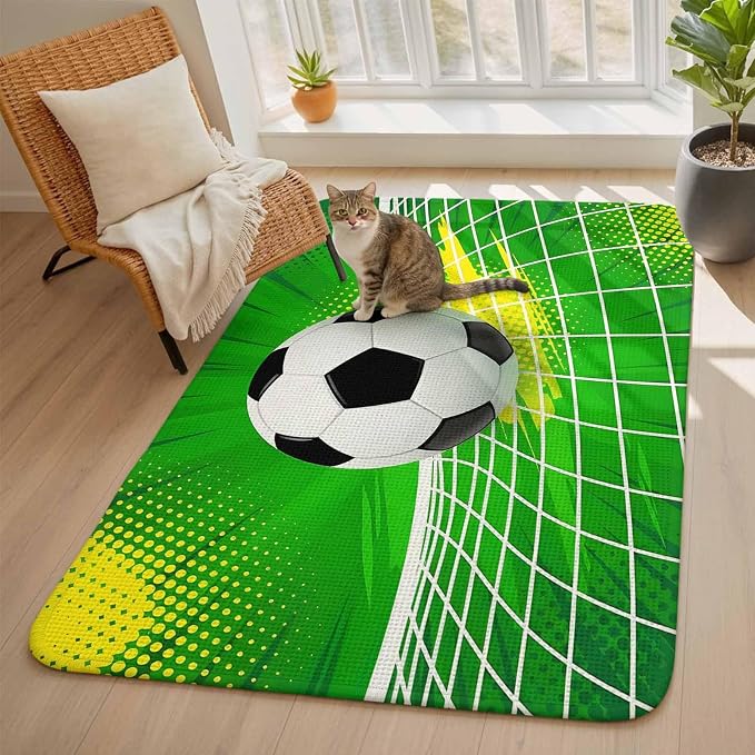 Green Football Washable Area Rugs for Living Room Bedroom, Large Non Slip Indoor Floor Carpet Absorbent Low Pile Soccer Ball Goal Net Vibrant Door Mat Rugs for Bathroom Entryway 63"x90.6"