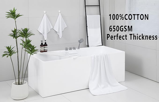 YTYC 27.5x55 Bath Towels Set,100% Cotton,650GSM,White,6-Pieces | Ultra Soft,Highly Absorbent, 2 Bathroom Towels,2 Hand Towels, 2 Washcloths, Towels for Bathroom, Gym, Spa,Pool