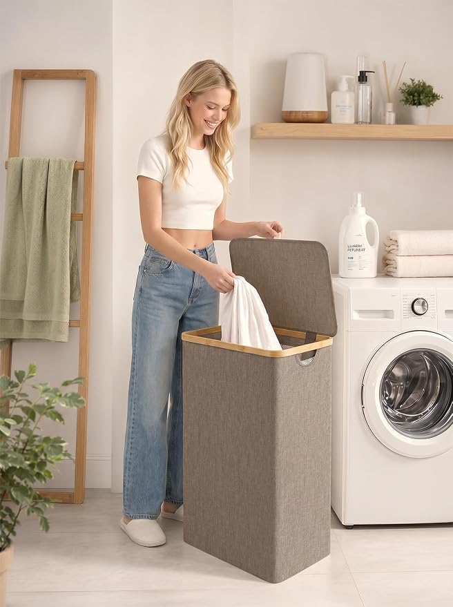 IEGrow Laundry Hamper with Lid,110L Laundry Basket with Mesh Bags,Brown | Dirty Clothes Hamper Basket with Bamboo Handle for Clothes Towels