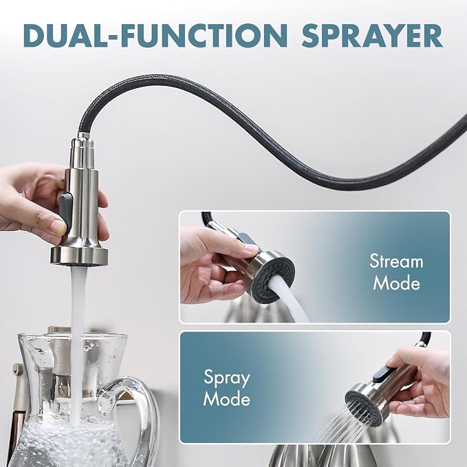 GIMILI Kitchen Faucet with Soap Dispenser, Commercial Single Handle Spring Brushed Nickel Pull Out Kitchen Sink Faucets with Pull Down Sprayer