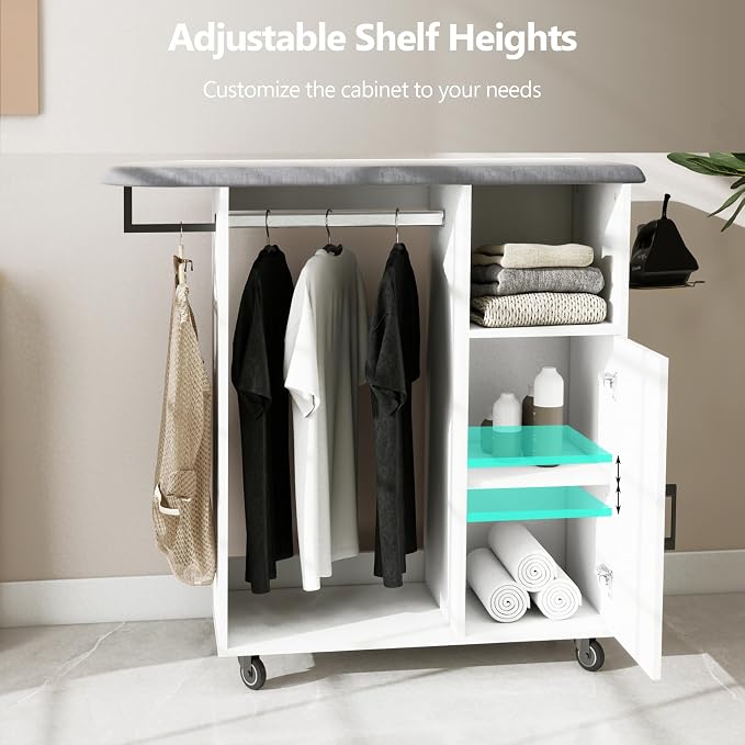Rolling Ironing Board with Storage, Ironing Cart with Iron Holder and Coat Hanger, Multipurpose Ironing Cabinet with Wheels, Suitable for Laundry Room, Bedroom, Coat and hat, White