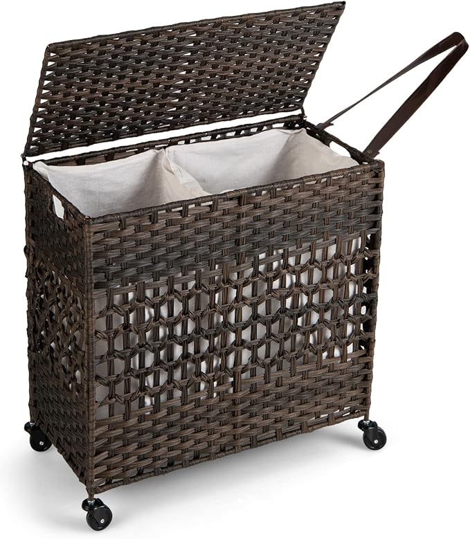 Giantex Laundry Hamper with Wheels and Lid, 33 Gal (125L) Wicker Laundry Basket, 2 Removable Liner Bags, Handles and Pulling Strap, Synthetic Rattan Rolling Laundry Hamper Clothes Storage