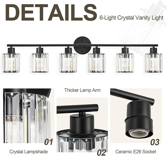 Crystal Bathroom Light Fixtures, Bathroom Lighting Fixtures Over Mirror, Modern Black Gold 5-Light Vanity Lights for Mirror,Restroom, Bedroom (Ceramic E26 Socket,Bulbs Not Include)