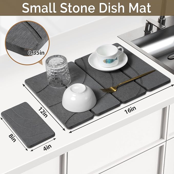 Small Stone Dish Drying Mat for Kitchen Counter, 2 PCS 16"×12" & 8"x4" Quick Dry Stone Mats, Foldable Water Absorbing Diatomite Drying Dish Pad for Countertop Bottles Utensils Cups(Carved Gray)