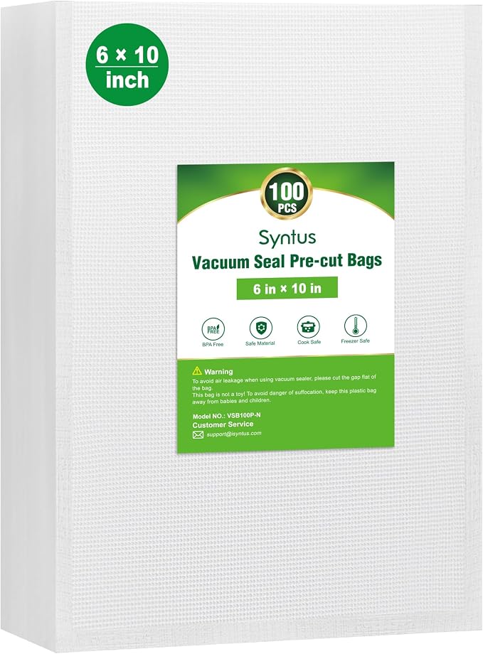 Syntus 100 Pcs Vacuum Sealer Bags for Food, Pint Size 6x10, BPA Free | Precut Bags, Sous Vide Microwave Freezer Safe, Meal Prep, Food Vacuum Storage, For All Vacuum Sealers