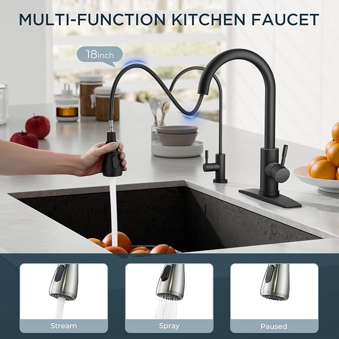 FORIOUS Kitchen Faucet and Water Filter Faucet Combo, Black Stainless Steel Bar Faucet Pull Down Sprayer and Drinking Purifier Faucet for Kitchen Sink RV Farmhouse Camper