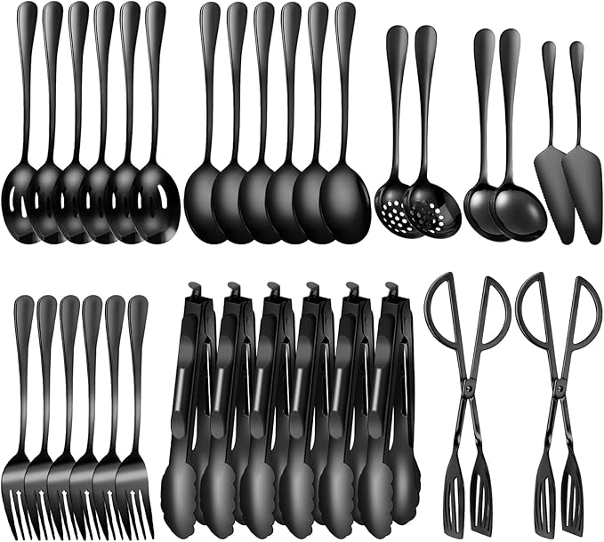 32 Piece Stainless Steel Serving Utensils Set - Complete Buffet Serving Spoons, Tongs, Ladles, Spatulas for BBQ, Parties, Weddings, Catering and Events (Black)