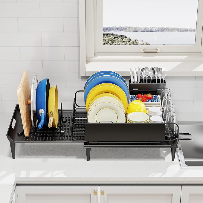 Urackify Expandable Dish Drying Rack with Drainboard for Kitchen Counter | Expands from 16.9 to 26.6 inches to fit more dishes, plates with fast drainage and flexible placement for any sink