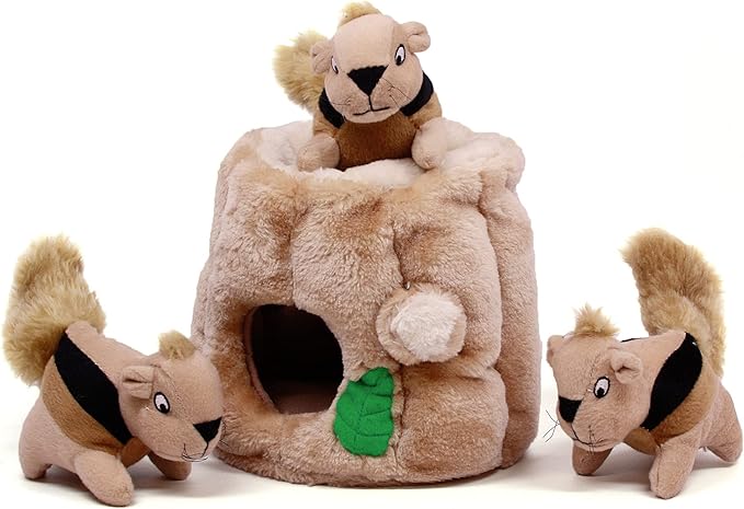 Outward Hound Hide-A-Squirrel Dog Toy – Interactive 2‑in‑1 Plush Puzzle with 3 Squeaky Removable Squirrels, Medium
