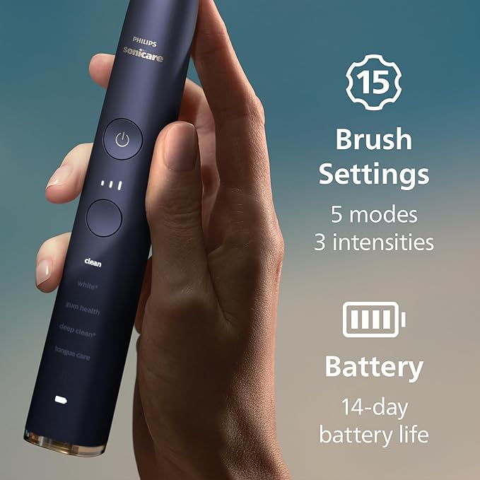 Philips Sonicare DiamondClean Smart 9700 Electric Toothbrush - Sonic Toothbrush with App, Pressure Sensor, 15 Brushing Settings, Replacement Reminder, Charging Travel Case, Lunar Blue, HX9957/71
