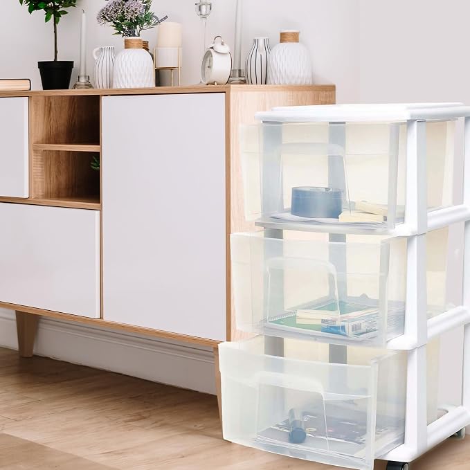 HOMZ 2-Pack Drawer Tower, 3-Tier Clear Plastic Storage Organizer Cart, White Frame - Organizing Containers with Wheels for Home, Bathroom, Bedroom, Office, and Classroom