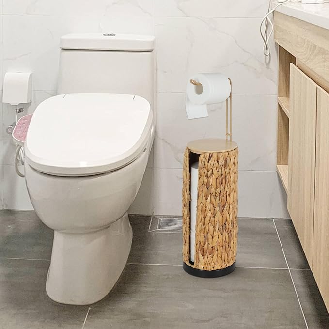 Freestanding Toilet Paper Holder with Storage,3 Rolls of Tissue Holder for Bathroom,Handmade Woven Toilet Paper Roll Holder Stand,Water Hyacinth Boho Bathroom Decor Farmhouse Toilet Paper Storage
