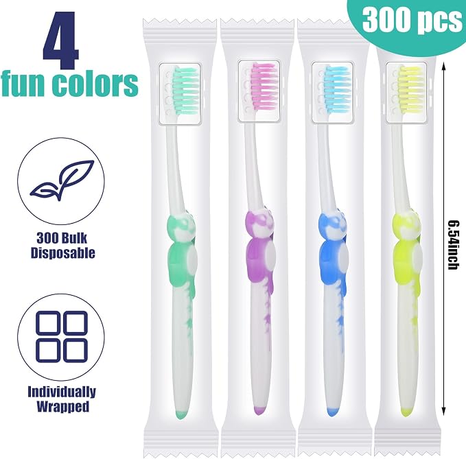 Bokon 300 Pcs Bulk Kids Toothbrushes Soft Bristles Toddlers Cute Toothbrush with Cover & Individually Wrapped Easy Grip Handle for Children Toddler Home School Daycare Camp