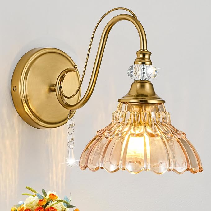 1 Piece Vintage Wall Sconce, 1-Light Brushed Gold Finish Wall Sconce with Hanging Crystal Accents and Flower-Shaped Amber Shades for Bathroom Bedroom Living Room,Vintage Vanity Light