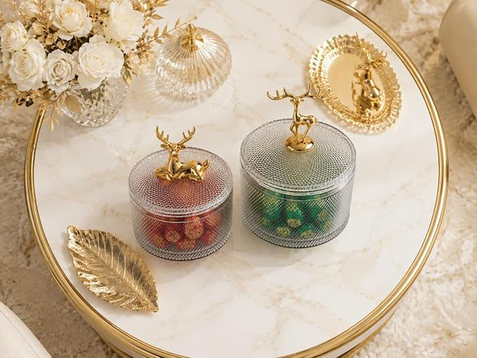 Glass Sugar Bowl Set of 2 with Gold Metal Deer Lid Handle | Diamond-Cut Texture, Small & Large Sizes, Clear Glass Body, Lidded Storage Jars, Decorative Deer Figurine