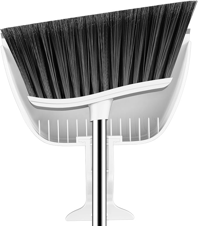 Broom and Step-on Dustpan Set, 59-in Adjustable Long Handle Broom with Dustpan Combo Set Outdoor Angle Broom for Sweeping Indoor Dust Pet Hair for Cleaning Kitchen Garage Deck Patio, White