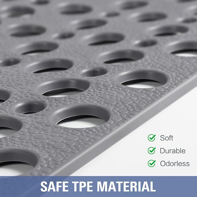OTHWAY Large Shower Mat, 35"x 24" TPE Shower Mat Non Slip, Heavy Shower Floor Mat with Drain Holes and Suction Cups, No Odor Shower Mats for Inside Shower for Elderly Bathroom(D-Grey)