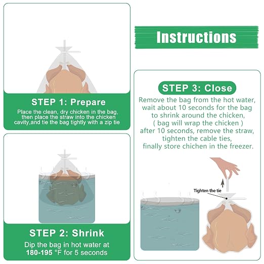 Poultry Shrink Bags 10x16" (100 Pack) – BPA Free Freezer Safe | Heat Shrink Bags for Chicken, Turkey, Rabbit – with 100 Zip Ties & Silicone Straw
