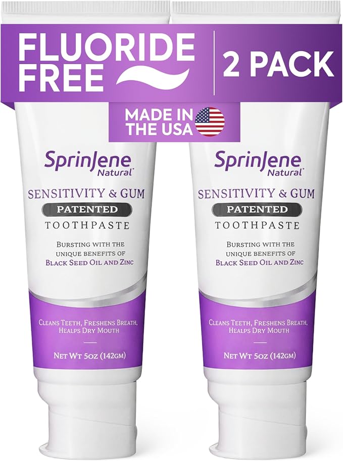 SprinJene Natural Fluoride Free Toothpaste for Sensitive Teeth & Gums (Lead-Free) – Patented Toothpaste with Black Seed Oil & Zinc – Dry Mouth Prevention for Fresh Breath – Made in the USA (2 Pack)