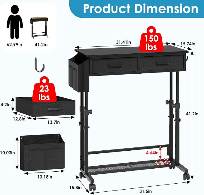 Small Standing Desk with Storage, Height Adjustable Sit Stand Desk with Drawers, Mobile Office Desk with Wheels and Side Pocket, Adjustable Laptop Workstation for Home Office