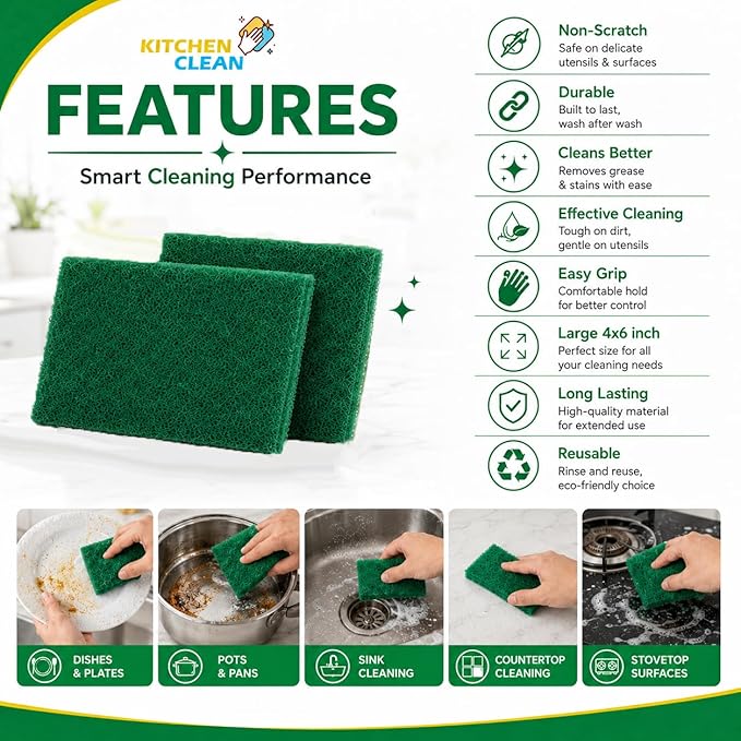 ™ 10 Pcs Large Kitchen Scrub Pads | Dish wash Scrubber | Non Scratch - Durable - Long skrab Lasting | Clean Shine Brite Utensils (Green, Large 4x6 inch, Pack of 10 Pcs)