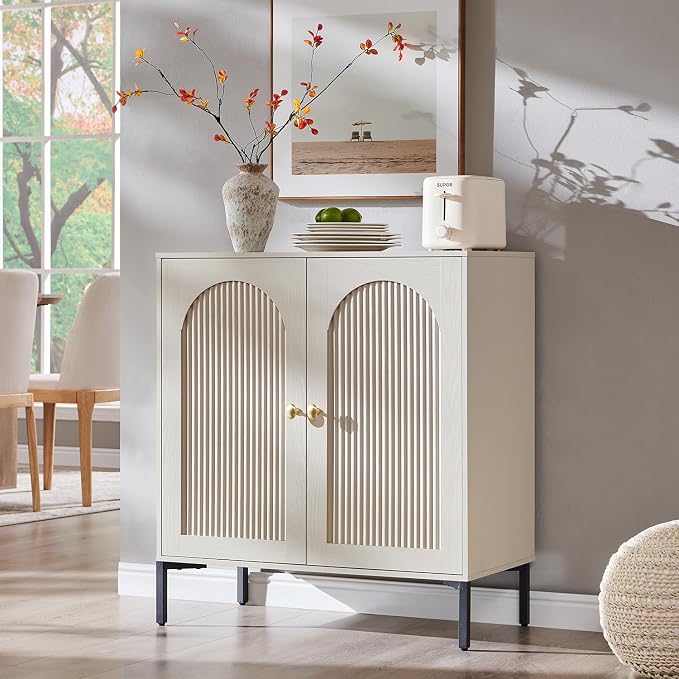 IFGET 34" Tall Modern Arched Sideboard Buffet Cabinet with Storage, Cream | Fluted Arch Sideboard Cabinet w/Adjustable Shelves, Wooden Modular Kitchen Cabinet for Dining& Living Room, Kitchen, Entryway