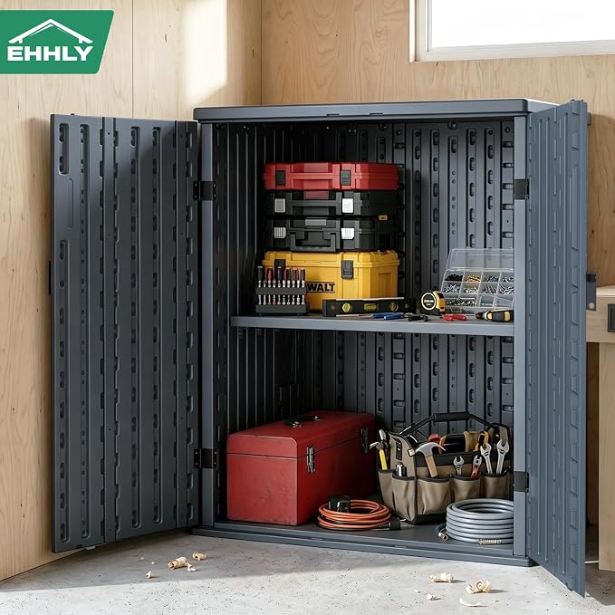 EHHLY Heavy Duty Small Storage Cabinet Outdoor Weatherproof, 14 Cuft Garage Storage Cabinet with 2 Adjustable Shelves, Lockable Kitchen Pantry Closer Organizer, 31Wx23Lx34H, Sage Grey