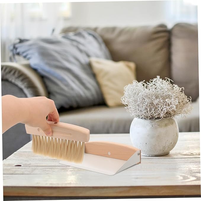 2 Sets Mini Broom Dustpan,Whisk Broom and Dustpan Set Wood Keyboard Brush for Cat Litter, Kitchen,Table,Cars(White Shovel Nylon)