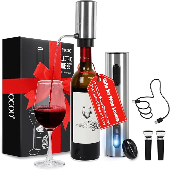 Moocoo Electric Wine Opener Gift Set, Automatic Electric Wine Bottle Corkscrew Opener Rechargeable with Foil Cutter, Automatic Aerator, 2 Vacuum Stoppers for Home Bar Outdoor Parties, Stainless Steel