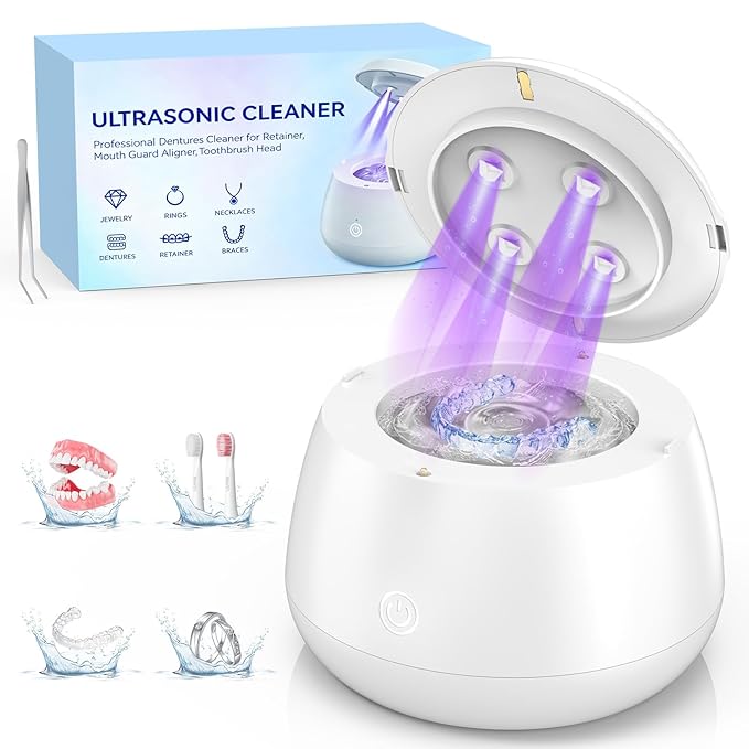 Ultrasonic Retainer Cleaner Machine 48kHz Denture and Aligner Cleaning Pod for Mouth Guards Night Guards Dental Trays Braces Toothbrushes Jewelry with 200ML Capacity (White)