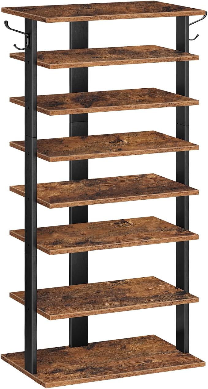 HOOBRO 8 Tiers Vertical Shoe Rack, Wooden Shoe Storage Organizer with Hooks, Narrow Shoe Tower for 16 Pairs, Space Saving, for Entryway, Living Room, Bedroom, Rustic Brown BF750XJ01